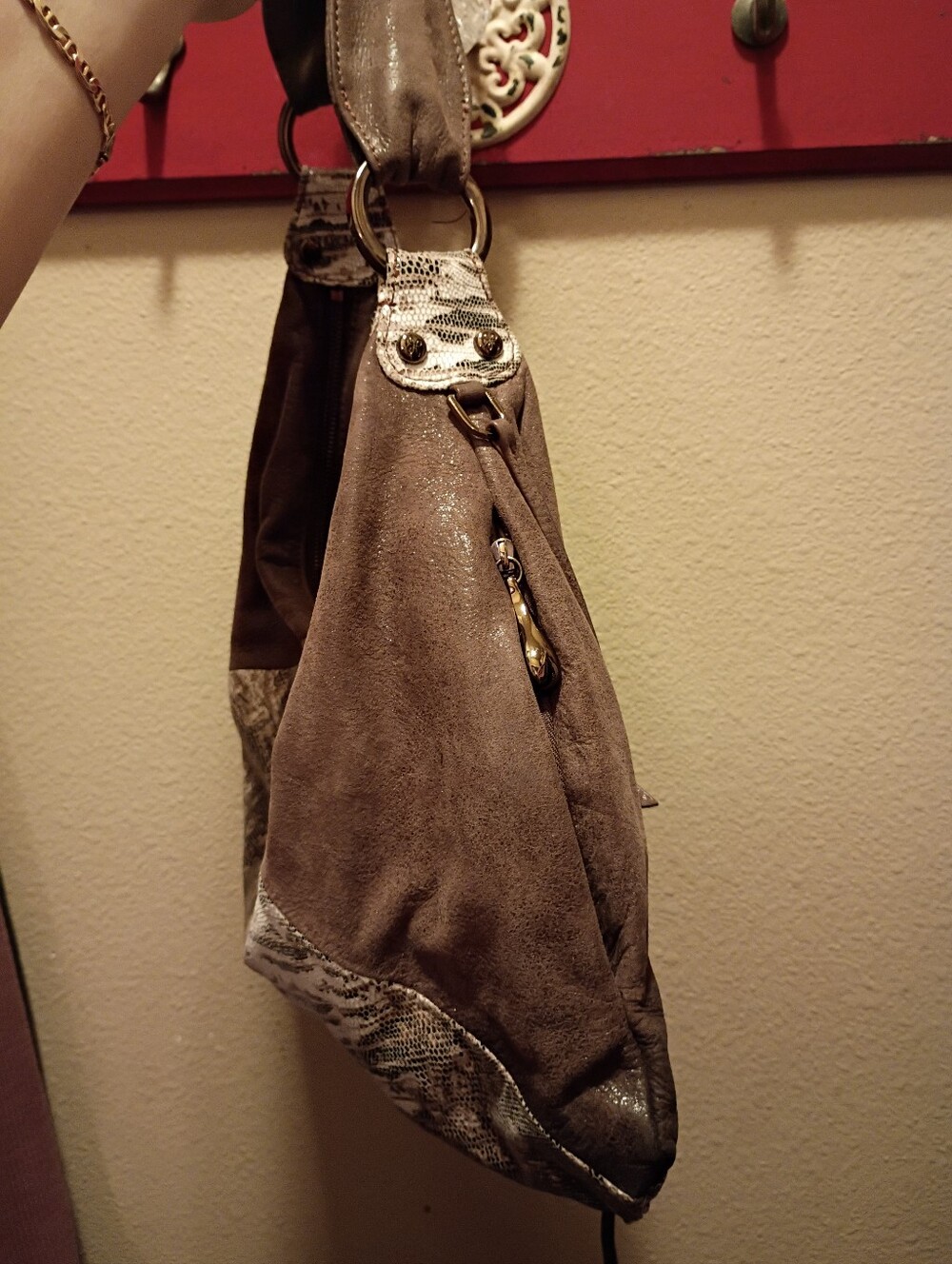 HOBO Brown Suede Shoulder Bag with Snake-Print Panel - Picture 3 of 8